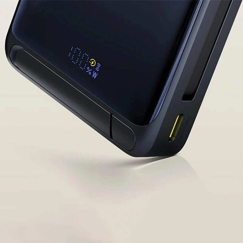 Baseus Nomos 10000mAh 30W Qi2 Power Bank su MagSafe suderinamu stoveliu ir integruotu USB-C kabeliu - juodas