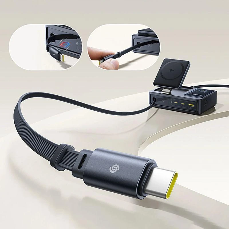 „Baseus NOMOS 140W Qi2 5in1“ belaidis ausinukas su ištraukiamu USB-C laidu ir skaitmeniniu ekranu – juoda
