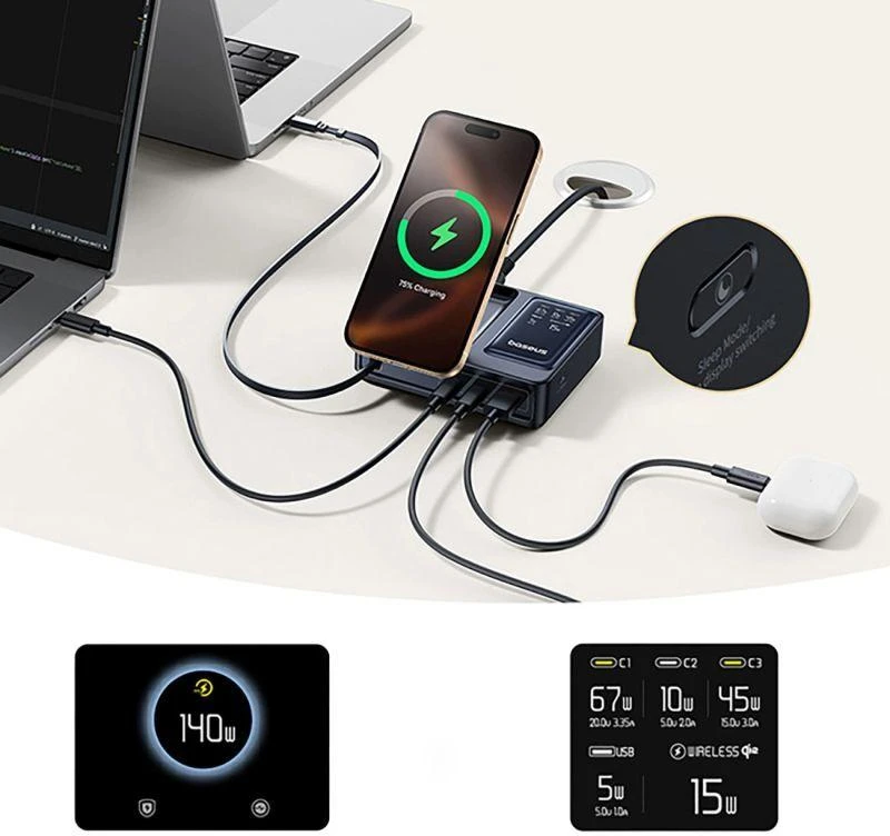 „Baseus NOMOS 140W Qi2 5in1“ belaidis ausinukas su ištraukiamu USB-C laidu ir skaitmeniniu ekranu – juoda