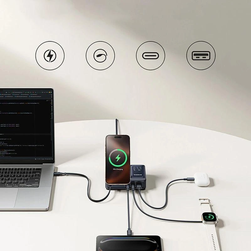 „Baseus NOMOS 140W Qi2 5in1“ belaidis ausinukas su ištraukiamu USB-C laidu ir skaitmeniniu ekranu – juoda