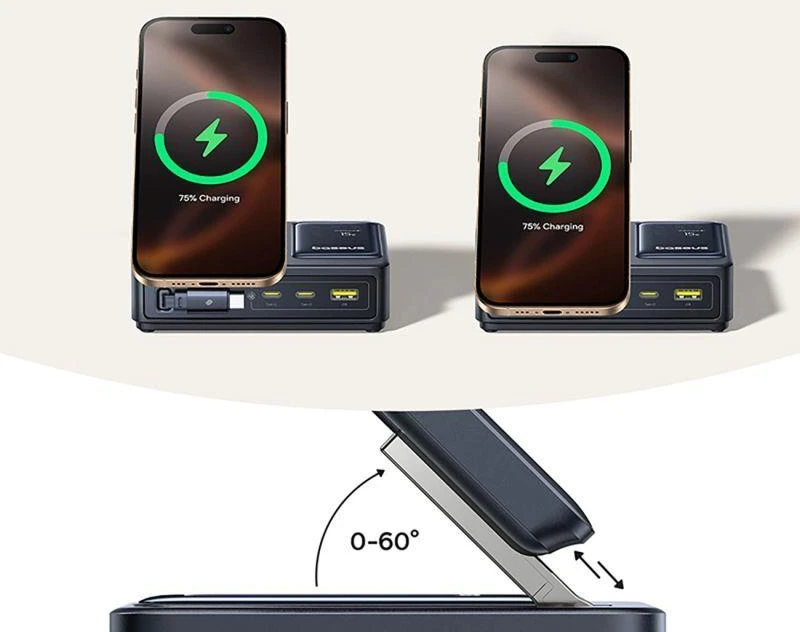 „Baseus NOMOS 140W Qi2 5in1“ belaidis ausinukas su ištraukiamu USB-C laidu ir skaitmeniniu ekranu – juoda