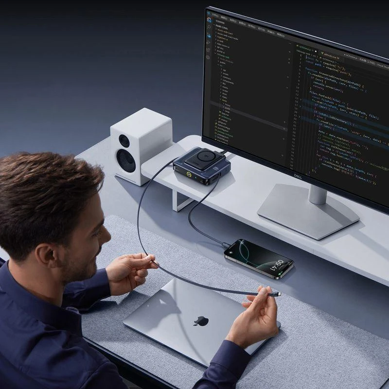 „Baseus Nomos NH21 6in1“ 245 W belaidė įkrovimo stotelė su dviem ištraukiamais USB-C laidais - juoda