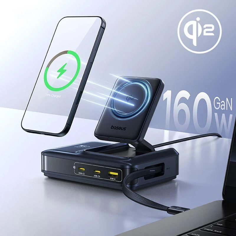 „Baseus Nomos NH21 Qi2 160W 5in1“ belaidis ausinės su ištraukiamu laidu - juoda