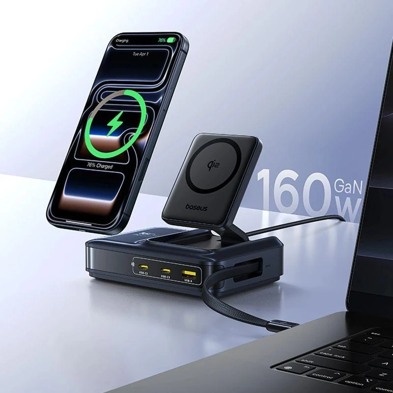 „Baseus Nomos NH21 Qi2 160W 5in1“ belaidis ausinės su ištraukiamu laidu - juoda