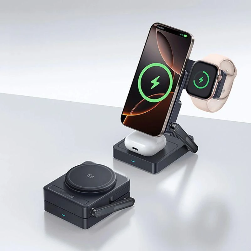Baseus PicoGo AF21 „3-in-1“ Qi2.2 35W belaidis įkroviklis su 45W ES maitinimo adapteriu ir 1 m USB-C laidu – juodas