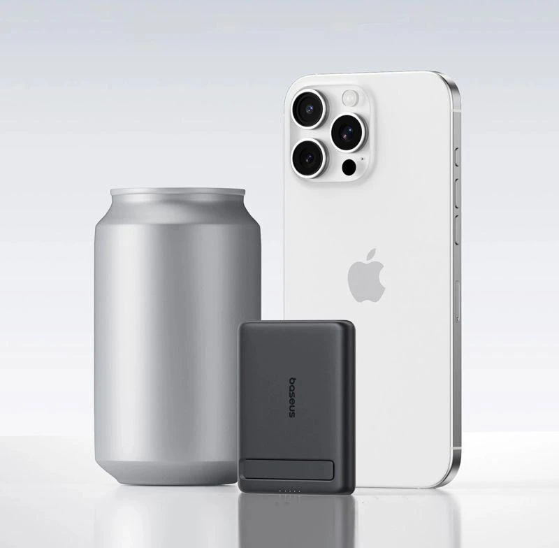 Baseus PicoGo AM31 Qi2 5000 mAh 20 W „MagSafe“ suderinamas išorinis akumuliatorius su stovu (su juodu paprastu pintų USB-C – USB-C 30 cm laidu) – juodas
