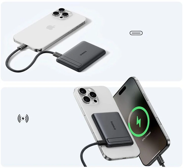Baseus PicoGo AM31 Qi2 5000 mAh 20 W „MagSafe“ suderinamas išorinis akumuliatorius su stovu (su juodu paprastu pintų USB-C – USB-C 30 cm laidu) – juodas