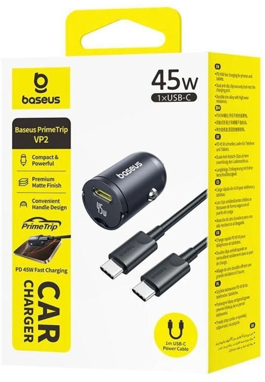 Įkroviklis automobilinis pakrovėjas Baseus PrimeTrip VP2 45W USB-C su kabeliu 60W USB-C į USB-C 1m - juoda