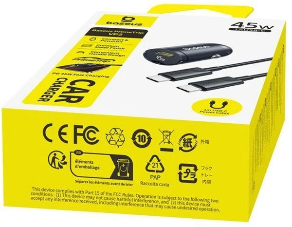 Įkroviklis automobilinis pakrovėjas Baseus PrimeTrip VP2 45W USB-C su kabeliu 60W USB-C į USB-C 1m - juoda