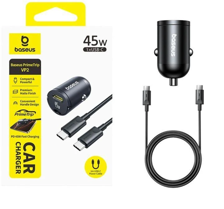 Įkroviklis automobilinis pakrovėjas Baseus PrimeTrip VP2 45W USB-C su kabeliu 60W USB-C į USB-C 1m - juoda