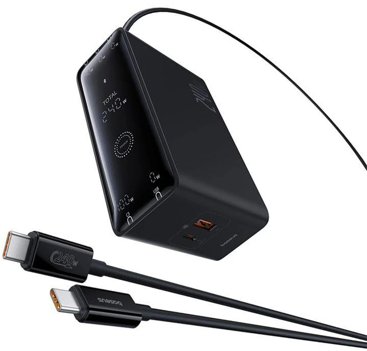 Skaitmeninis įkroviklis Baseus GaN, 3x USB-C + USB + DC, 240 W + kabelis 1 m (juodas)