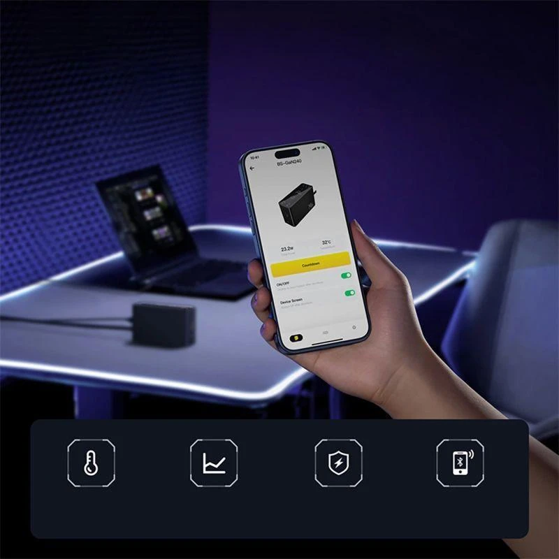 Skaitmeninis įkroviklis Baseus GaN, 3x USB-C + USB + DC, 240 W + kabelis 1 m (juodas)