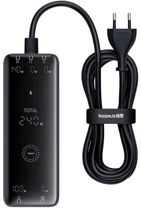 Skaitmeninis įkroviklis Baseus GaN, 3x USB-C + USB + DC, 240 W + kabelis 1 m (juodas)