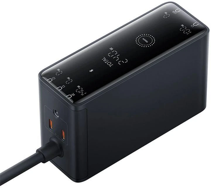 Skaitmeninis įkroviklis Baseus GaN, 3x USB-C + USB + DC, 240 W + kabelis 1 m (juodas)