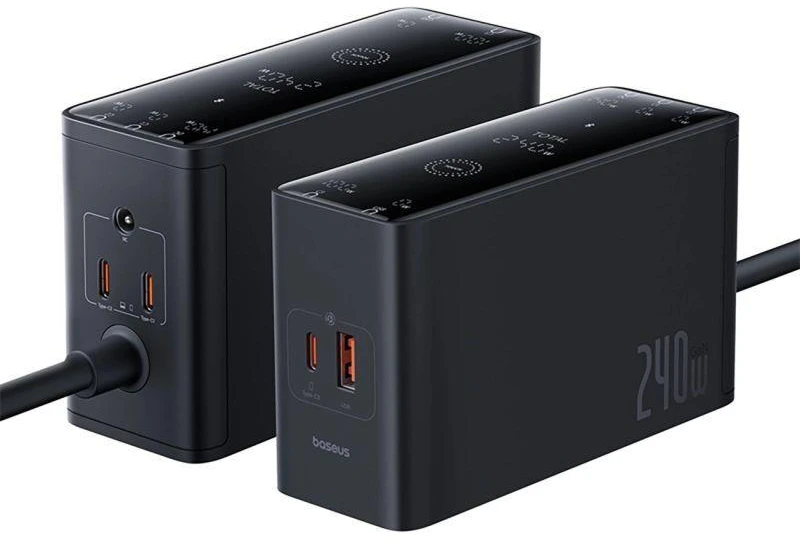 Skaitmeninis įkroviklis Baseus GaN, 3x USB-C + USB + DC, 240 W + kabelis 1 m (juodas)