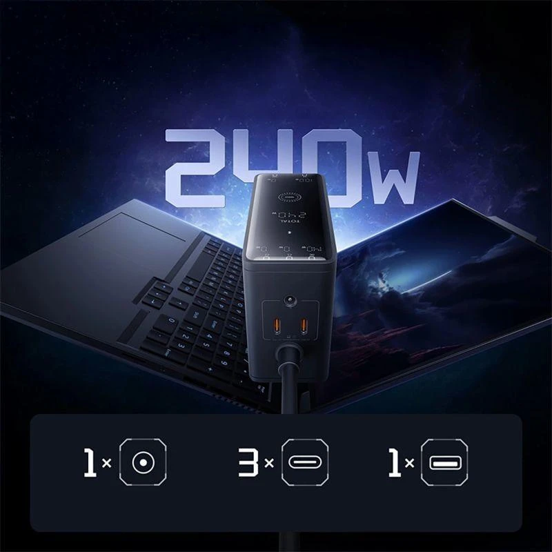 Skaitmeninis įkroviklis Baseus GaN, 3x USB-C + USB + DC, 240 W + kabelis 1 m (juodas)