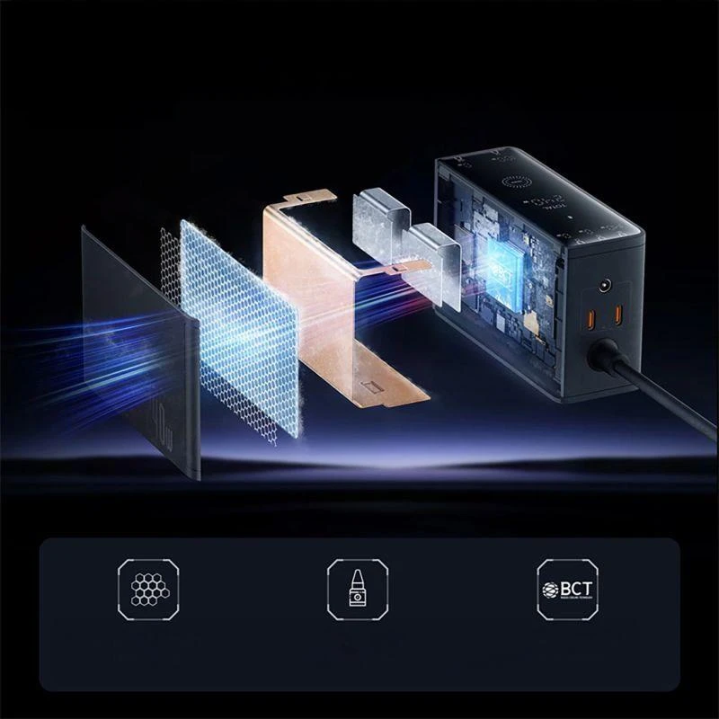Skaitmeninis įkroviklis Baseus GaN, 3x USB-C + USB + DC, 240 W + kabelis 1 m (juodas)