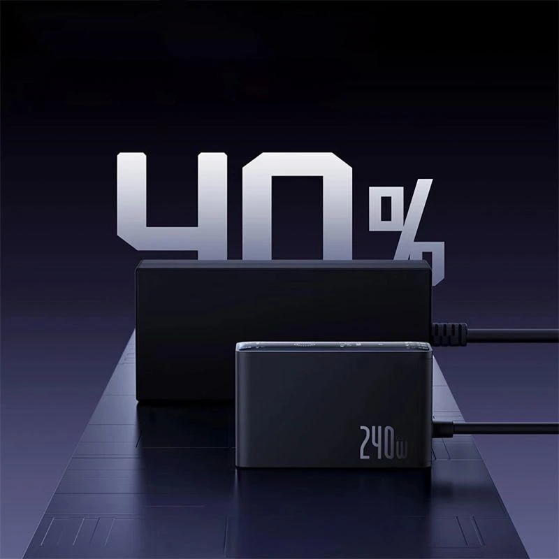 Skaitmeninis įkroviklis Baseus GaN, 3x USB-C + USB + DC, 240 W + kabelis 1 m (juodas)