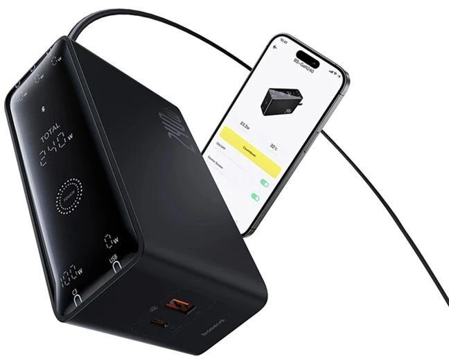Skaitmeninis įkroviklis Baseus GaN, 3x USB-C + USB + DC, 240 W + kabelis 1 m (juodas)