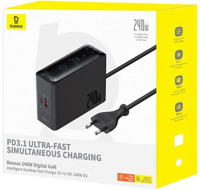 Skaitmeninis įkroviklis Baseus GaN, 3x USB-C + USB + DC, 240 W + kabelis 1 m (juodas)