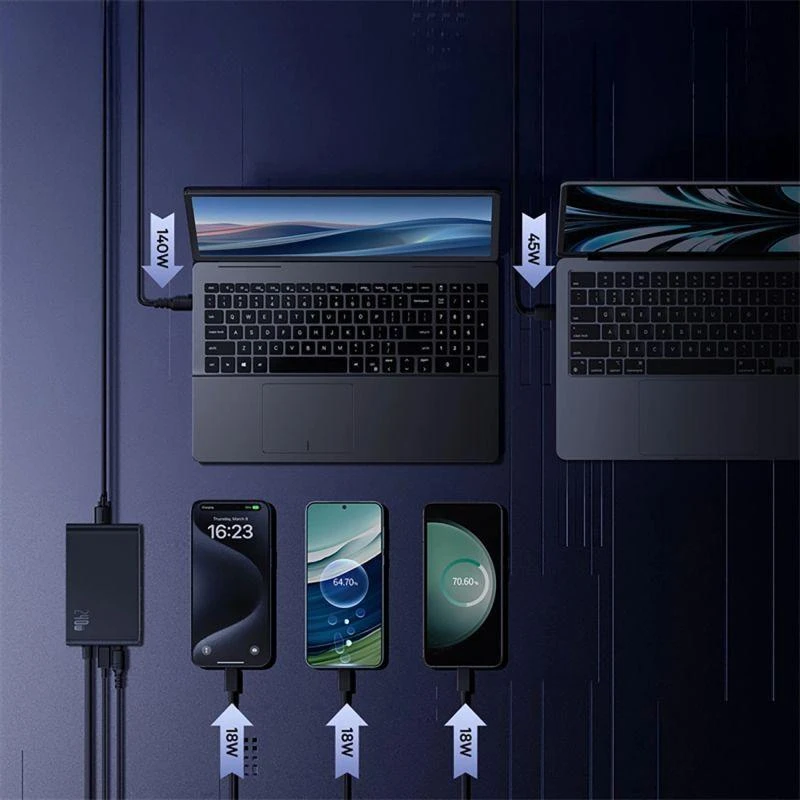 Skaitmeninis įkroviklis Baseus GaN, 3x USB-C + USB + DC, 240 W + kabelis 1 m (juodas)