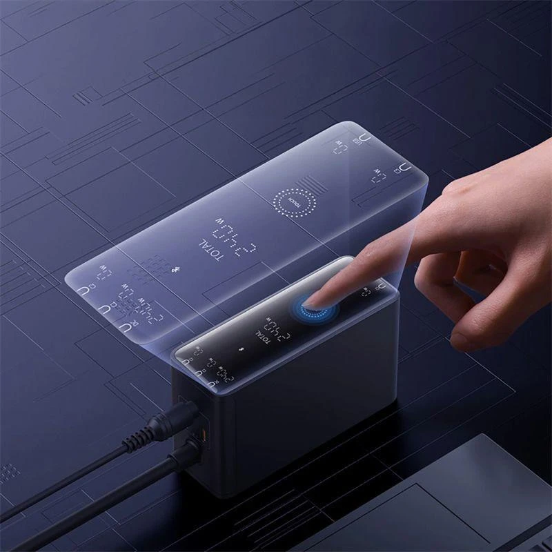 Skaitmeninis įkroviklis Baseus GaN, 3x USB-C + USB + DC, 240 W + kabelis 1 m (juodas)