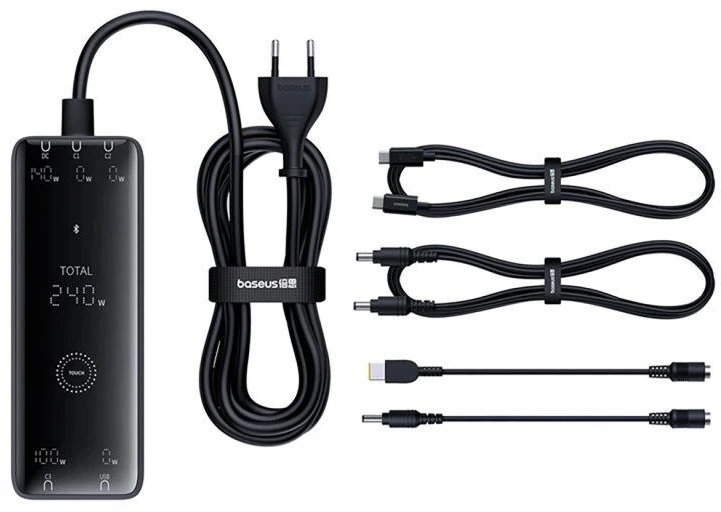 Skaitmeninis įkroviklis Baseus GaN, 3x USB-C + USB + DC, 240 W + kabelis 1 m (juodas)