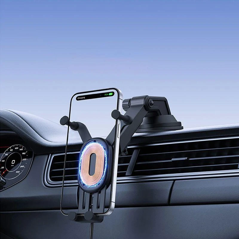 Baseus Stabilus automobilinis laikiklis su 15W induktyviu įkrovikliu, gravitaciniu tvirtinimu ir siurbimo taure - Juodas