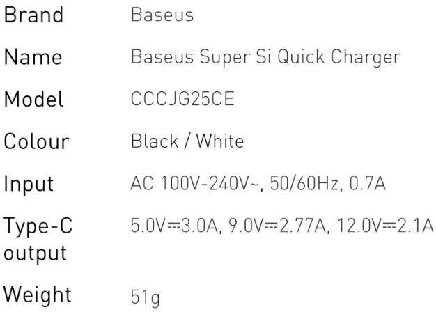 Baseus Super Si 1C greitas sieninis įkroviklis USB Type-C 25W Power Delivery Quick Charge baltas (CCSP020102)