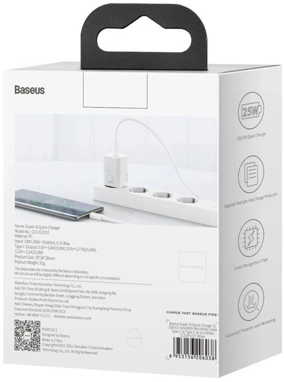 Baseus Super Si 1C greitas sieninis įkroviklis USB Type-C 25W Power Delivery Quick Charge baltas (CCSP020102)