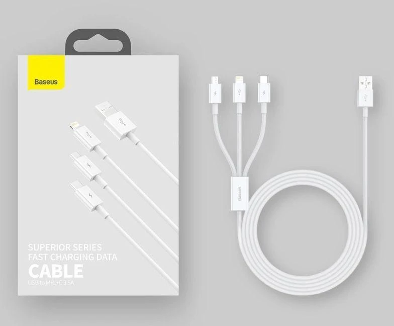 Kabelis Baseus Superior iš USB į microUSB+Lightning+Type-C 3.5A 1.5m baltas CAMLTYS-02