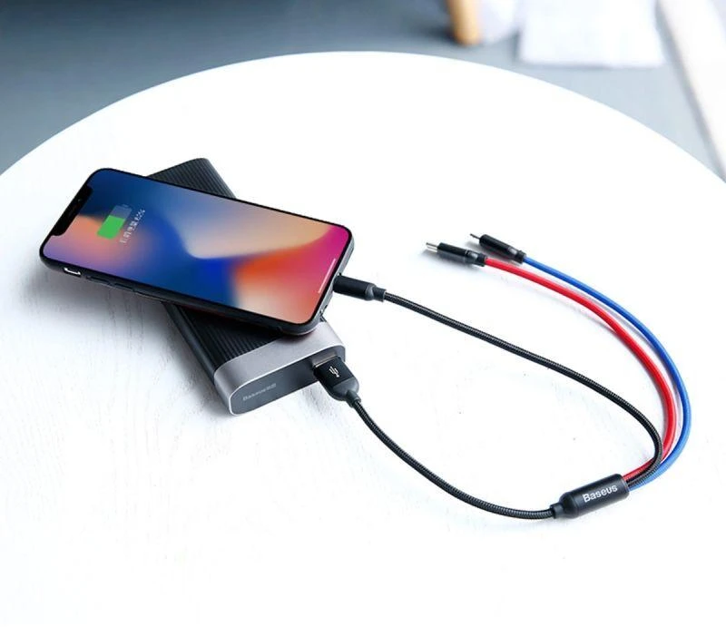 Ausinės Baseus Trijų pirminių spalvų 3-in-1 USB-A - micro USB / Lightning / USB-C 3.5A laidas 0.3 m - juodas