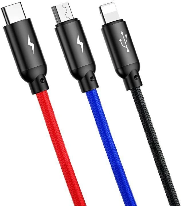 Ausinės Baseus Trijų pirminių spalvų 3-in-1 USB-A - micro USB / Lightning / USB-C 3.5A laidas 0.3 m - juodas
