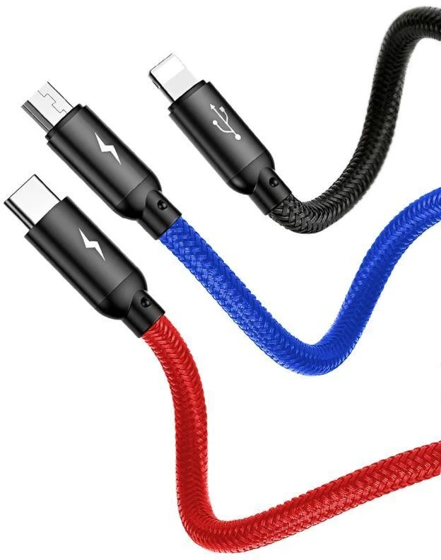 Ausinės Baseus Trijų pirminių spalvų 3-in-1 USB-A - micro USB / Lightning / USB-C 3.5A laidas 0.3 m - juodas