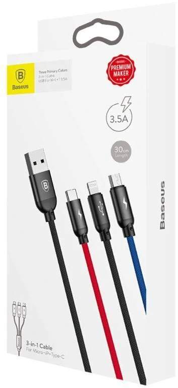 Ausinės Baseus Trijų pirminių spalvų 3-in-1 USB-A - micro USB / Lightning / USB-C 3.5A laidas 0.3 m - juodas