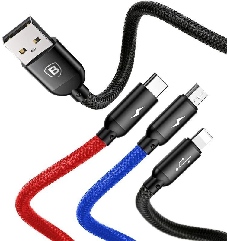 Ausinės Baseus Trijų pirminių spalvų 3-in-1 USB-A - micro USB / Lightning / USB-C 3.5A laidas 0.3 m - juodas