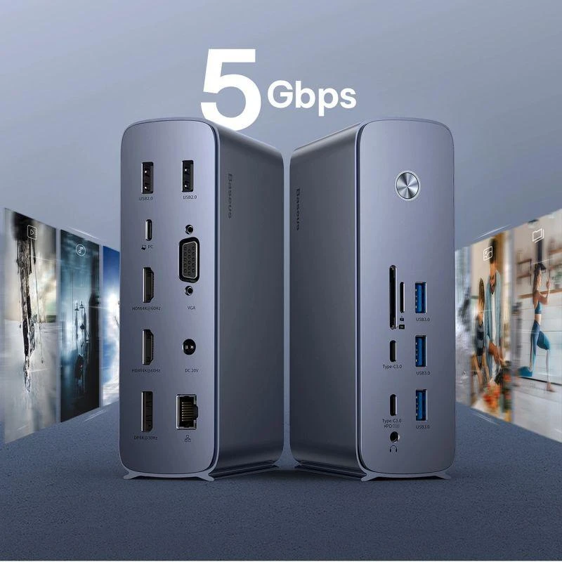 Hub Baseus UnionJoy 17 prievadų (USB-C iki HDMI4K@60Hz*2+DP4K@60Hz*1+USB3.0*3+USB-C3.0*2+USB2.0*2+PD*1+PC*1 + RJ45*1+SD/TF*1+3,5mm*1+DC*1）