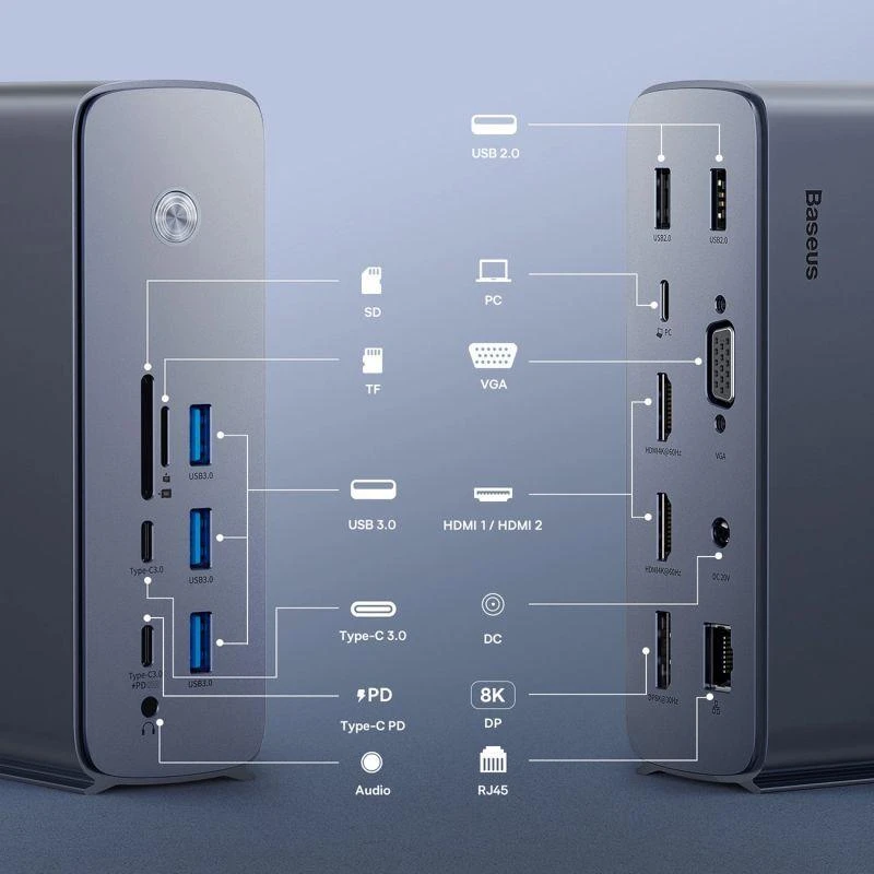 Hub Baseus UnionJoy 17 prievadų (USB-C iki HDMI4K@60Hz*2+DP4K@60Hz*1+USB3.0*3+USB-C3.0*2+USB2.0*2+PD*1+PC*1 + RJ45*1+SD/TF*1+3,5mm*1+DC*1）