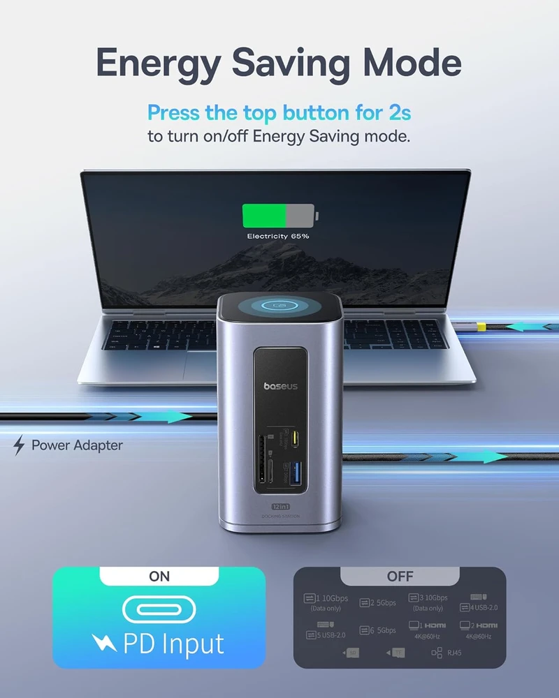 Baseus USB-C stotelė Nomos Air 12 in 1, 2x 4K HDMI, 10Gbps USB, 100W PD, Ethernet