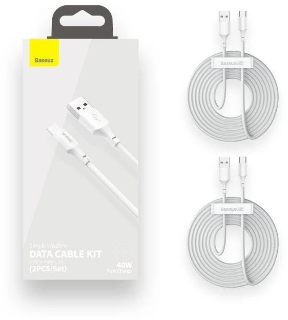 USB kabelių rinkinys Baseus Simple Wisdom Data Cable Kit USB to Type-C 5A (2PCS/Set) 1.5m baltas TZCATZJ-02
