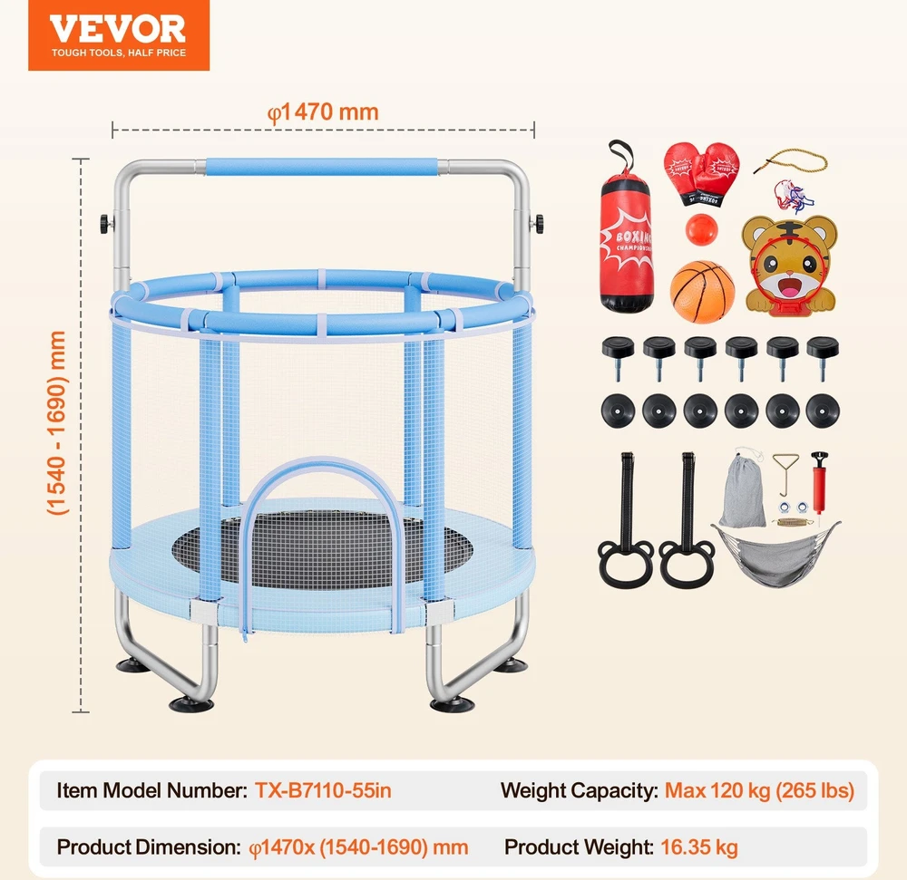 Vevor 138 cm batutas vaikams su tinklu viduje ir lauke