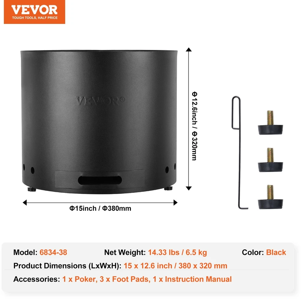 VEVOR Nedūminga lauko židinio krosnelė, 38 cm