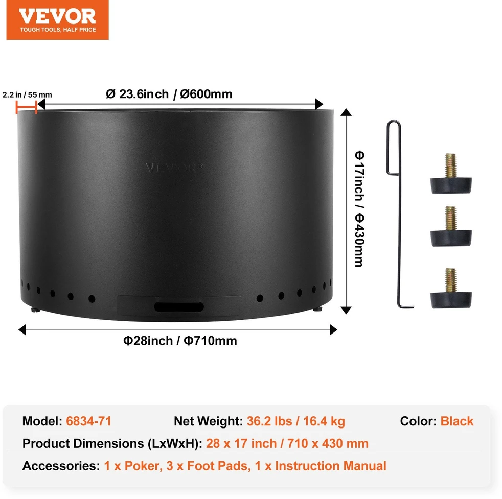 VEVOR Bekvapė laužavietė 71 cm nerūdijančio plieno