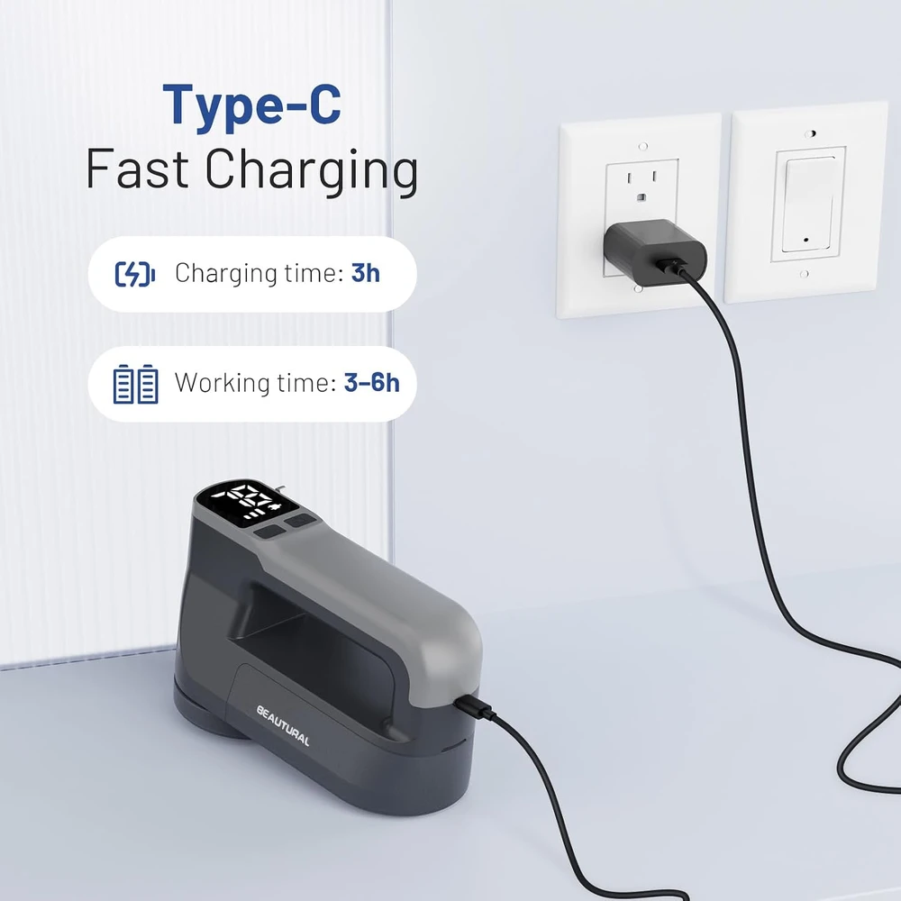 BEAUTURAL elektrinis audinių pūkų rinkiklis USB-C, 9000 aps./min., su LCD ekranu 1-MR02EU18