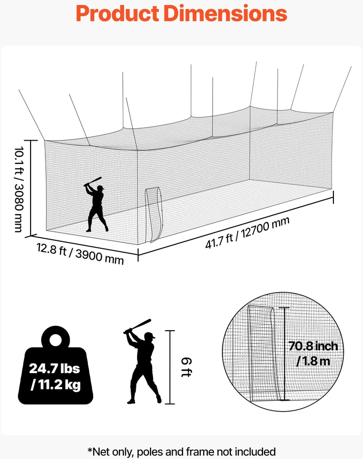 VEVOR Beisbolo mušimo narvelis, 12.7 m x 3.9 m x 3.08 m, tik tinklas
