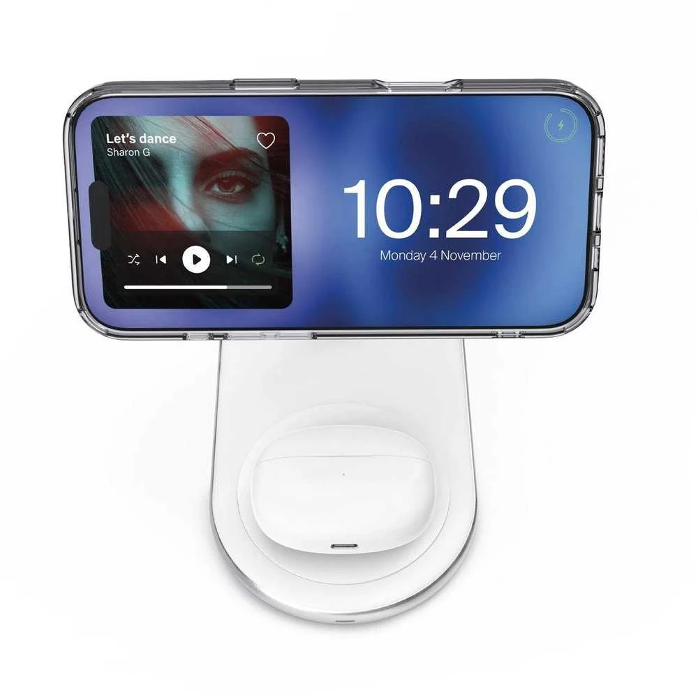 2in1 Puro belaidė telefono ir ausinių įkrovimo stotelė „Mag Station“ – baltos spalvos