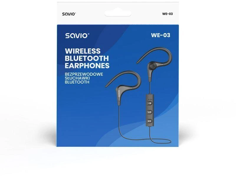 Belaidės ausinės su mikrofonu, SAVIO WE-03 (į ausis, sportinės; belaidės, Bluetooth; su integruotu mikrofonu; juodos)