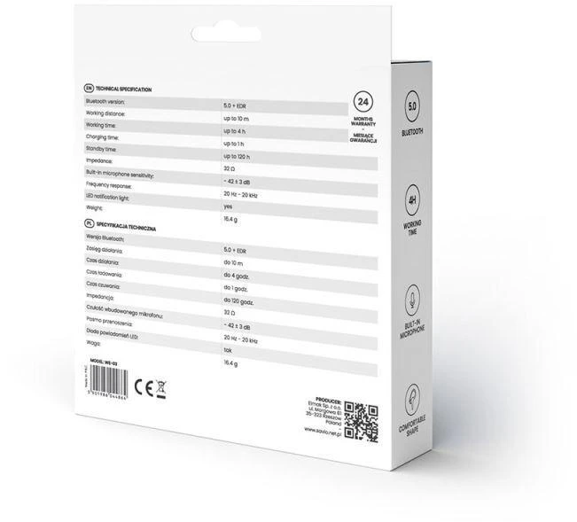 Belaidės ausinės su mikrofonu, SAVIO WE-03 (į ausis, sportinės; belaidės, Bluetooth; su integruotu mikrofonu; juodos)