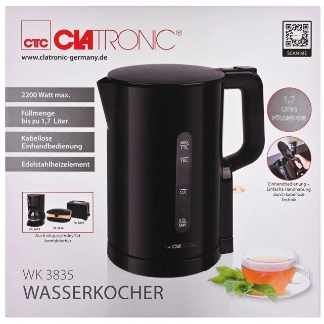 Clatronic WK 3835 electric virdulys 1.7 L 2200 W Juodas
