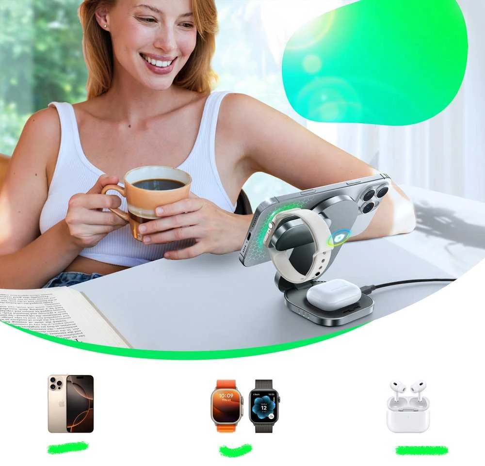 Joyroom JR-W17 Qi 3 viename belaidis indukcinis įkroviklis - Juodas